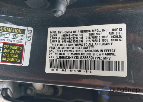 2013 Honda Cr-V Lx из США, поврежденный, VIN 5J6RM3H3XDL028639